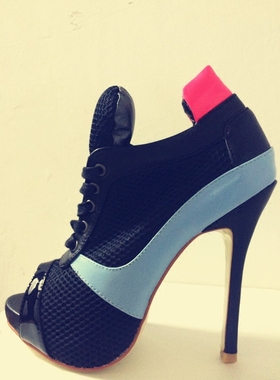 Silla rulers 女鞋 拼色 网 鱼嘴 超高跟 黑色/浅蓝色 舞台鞋