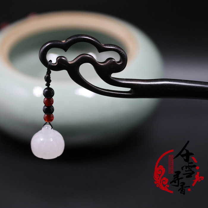 千雪寻香 复古风古典黑檀木发簪 古代流苏步摇玉簪子盘发头饰包邮