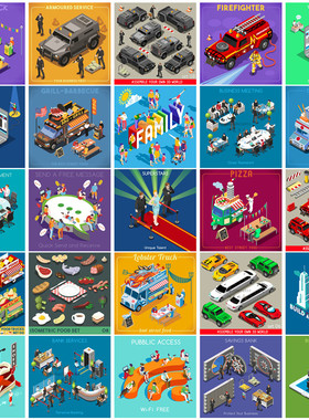 矢量设计素材 25张扁平化Isometric插画场景城市建筑汽车模板EPS