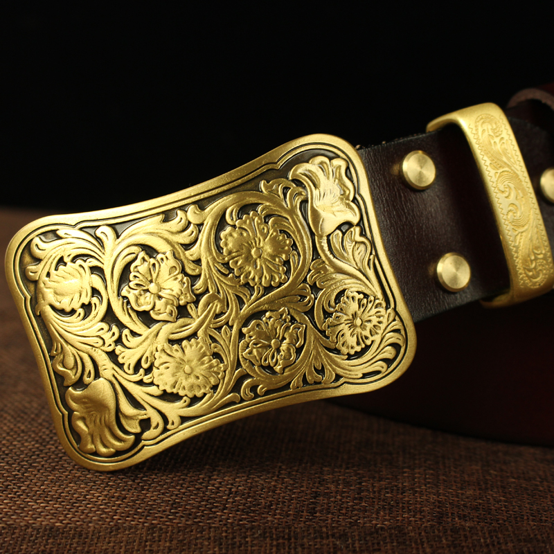 浮雕铜扣皮带头层牛皮纯铜唐草花