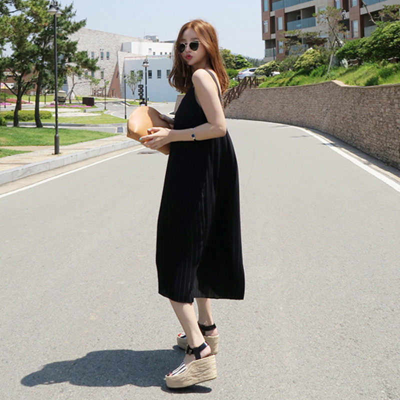 纯诗曼2018夏性感V领褶皱宽松女雪纺中长款百搭吊带连衣裙打底裙