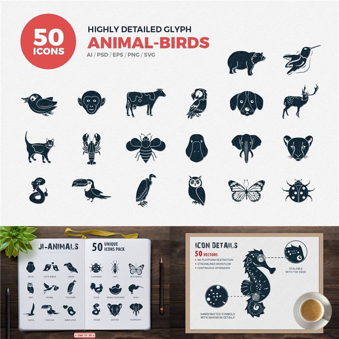 A0872矢量50个动物LOGO扁平化图标插件SVG笔刷插件AI设计素材