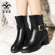 X/Xin innovative leather women shoes boots heavy with round-headed high heel side zip padded waterproof cotton wool boots