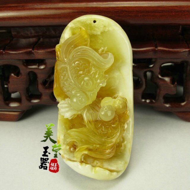美莹玉器天然玉石挂件玉项坠岫玉花玉壳料吊坠金鱼 金玉满堂HVJ21