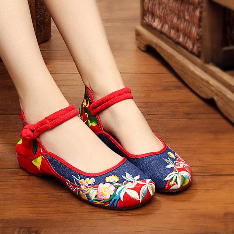 北京老布鞋女夏季新款平底鞋内增高绣花鞋扣带舒适民族风舞蹈鞋子