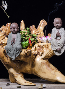 紫砂木底座会所中式风和尚小沙弥