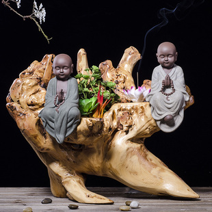 紫砂小沙弥天然风化木底座样板房酒店会所中式装饰品创意和尚摆件