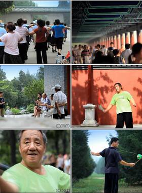 老年人户外活动练剑跳舞广场舞拉二胡锻炼/中国高清实拍视频素材