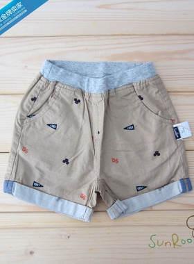 【三折】阳光鼠童装 男童卡其色水洗布纯棉短裤 翻边印花80/90码