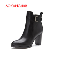 Aokang shoes autumn 2015 new leather ultra high heel side zip ankle boots pointed Europe and decorative buckle boots