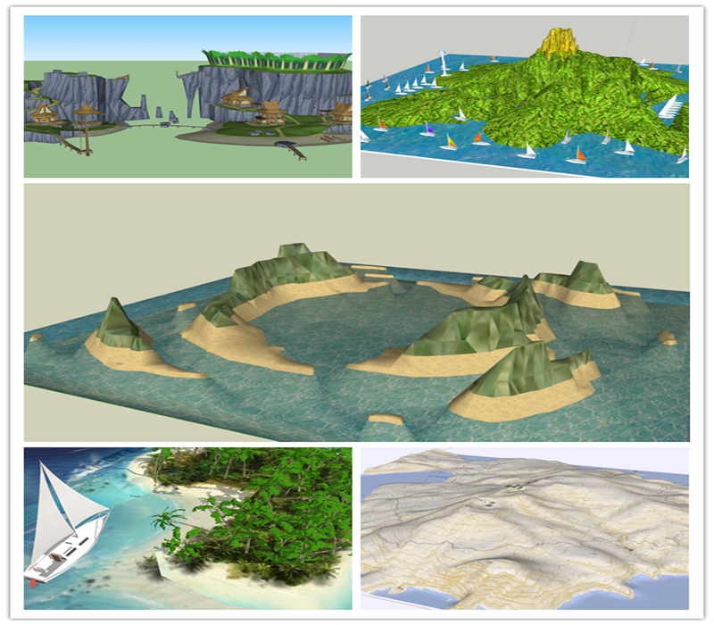 sketchup景区小岛地图3D热带岛屿地形山丘山脉设计草图大师SU模型