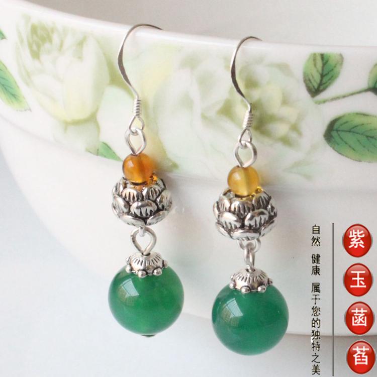925纯银耳勾天然绿玉髓玉耳环耳坠莲花原创手工女士长耳环荷