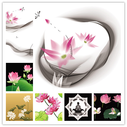 A0865矢量中国风水墨风莲花花朵荷叶图案打坐冥想 AI设计素材