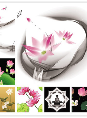 A0865矢量中国风水墨风莲花花朵荷叶图案打坐冥想 AI设计素材