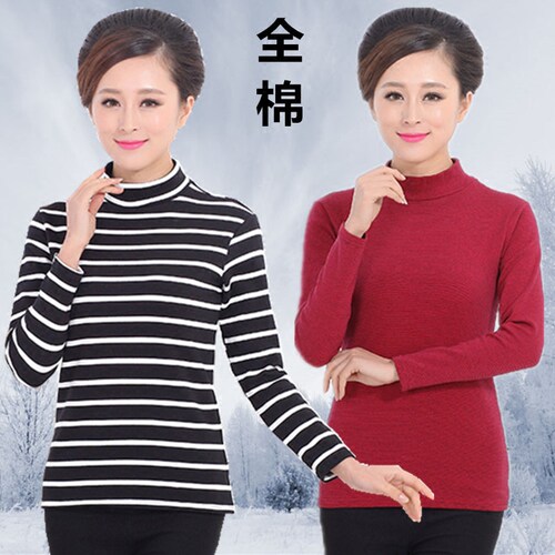 中老年长袖t恤条纹半高领打底衫
