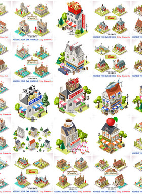 A0110矢量AI设计素材 25张扁平化建筑物Isometric城堡农场古罗马