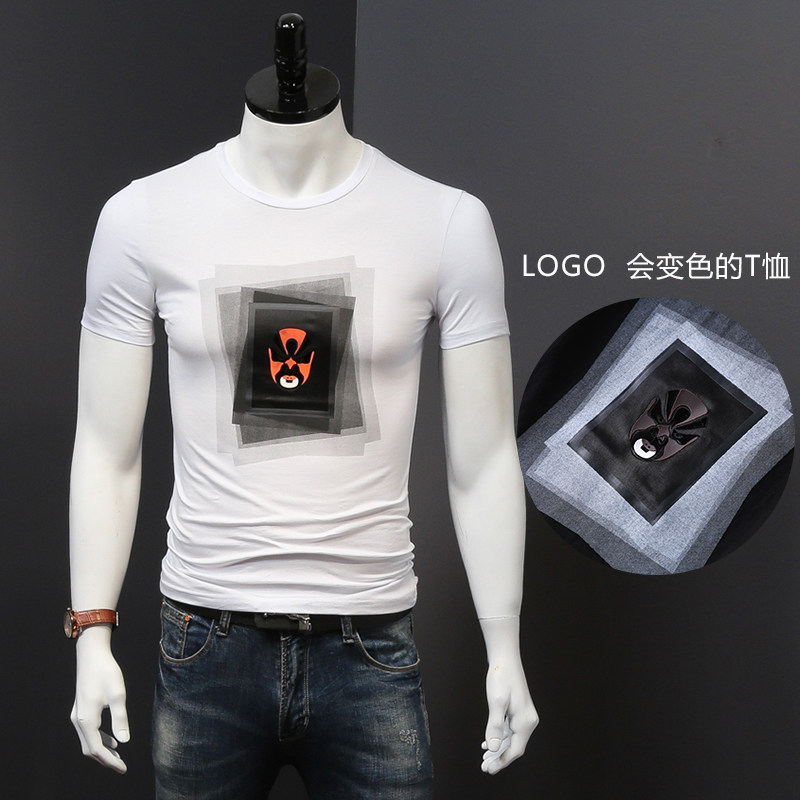 温感变色t恤男 热感脸谱印花短袖创意圆领男装衣服夜店潮流半袖男