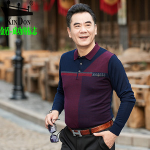 金盾秋季新款中老年男装 男士长袖t恤薄款羊毛针织衫带领爸爸体恤