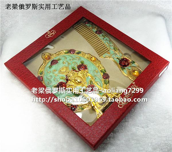 Z1特价俄罗斯金属镜梳套装尖顶金钻金色绿色折叠镜子梳子爱心玫瑰