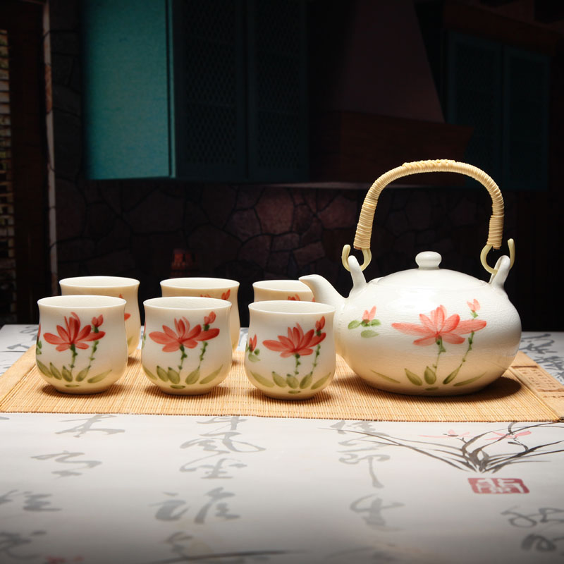 手绘景德镇陶瓷功夫茶具茶壶杯7头套装提梁 加强版 多省包邮