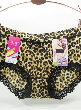 彩田内裤 女中腰30605滑冰丝蕾丝边性感豹纹高腰30606女士平角裤