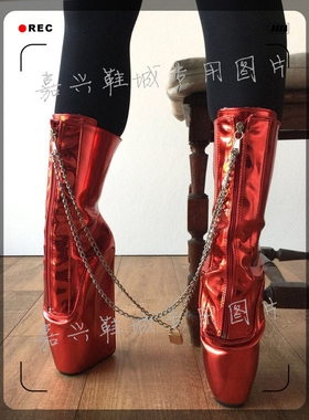 【嘉兴鞋城】欧美款时尚莹光红拉链带锁芭蕾包跟短靴女靴 BLDB802