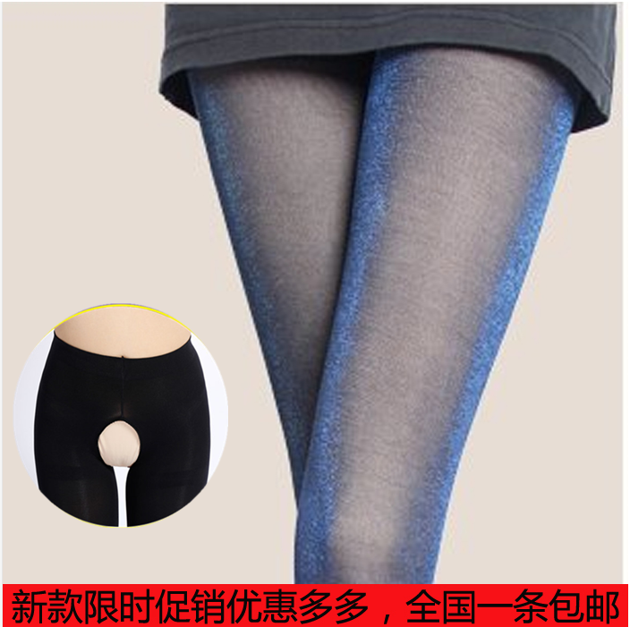 秋冬季开档银丝假透肉打底裤女加绒加厚加档彩丝九分亮丝袜子踩脚