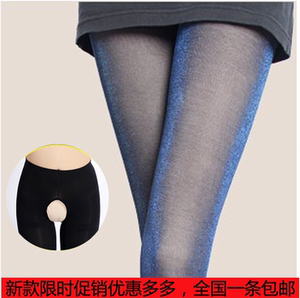 秋冬季开档银丝假透肉打底裤女加绒加厚加档彩丝九分亮丝袜子踩脚
