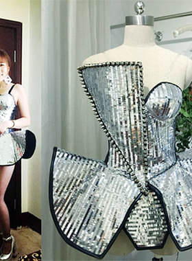 新款gaga同款夜店酒吧夸张DS演出服装dj女歌手服大气亮片铆钉连体