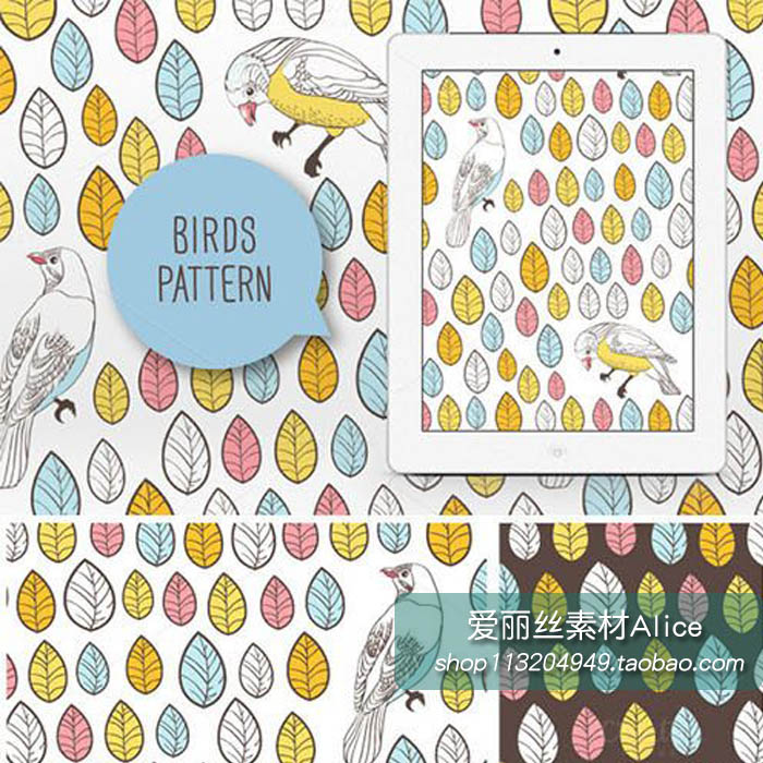 [15]卡通手绘小鸟花朵树叶背景图线稿AI矢量设计素材