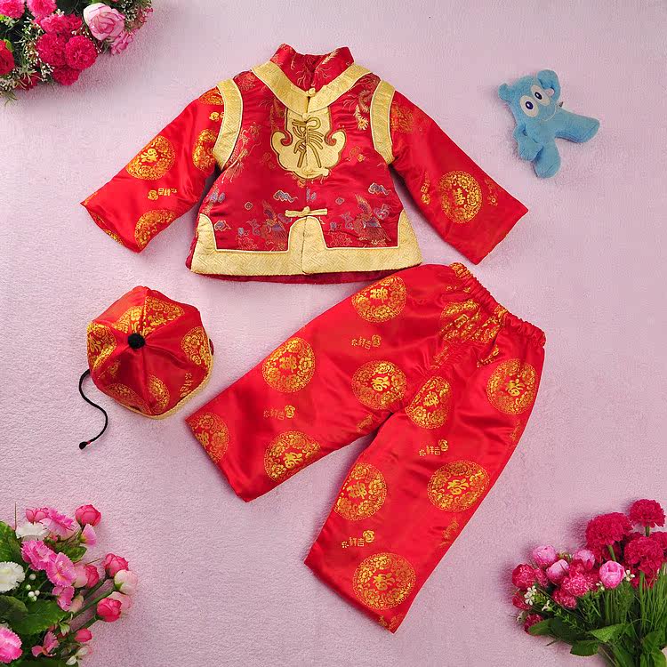 宝宝唐装冬季男童冬装套装婴幼儿加厚童装儿童过年衣服红色新年装
