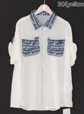 Scolar/丝柯乐 女装夏款 拼接花领口袋袖可调节薄款衬衣 152399