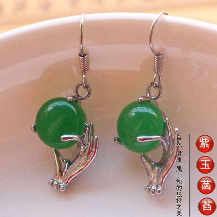 925银耳环纯银耳勾掌上明珠耳环 佛手玉耳环耳坠满绿耳环防过敏