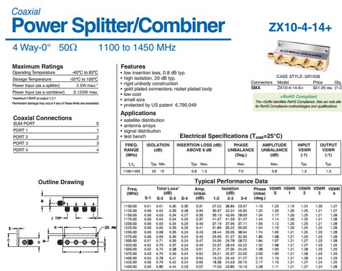 1425-1900MHz 射频微波同轴一分四功分器 代替 ZX10-4-19 Mini-Circuits