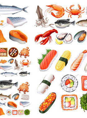 A1484矢量卡通风格日本寿司鱼子酱三文鱼刺身图案龙虾 AI设计素材