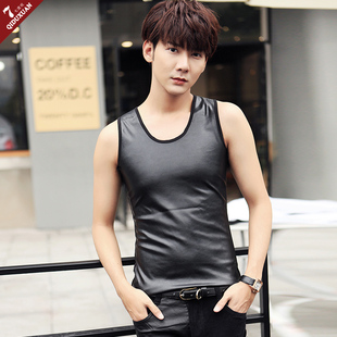 t恤男士 潮流打底演出加绒无袖 紧身发型师马甲 韩版 PU皮背心男修身