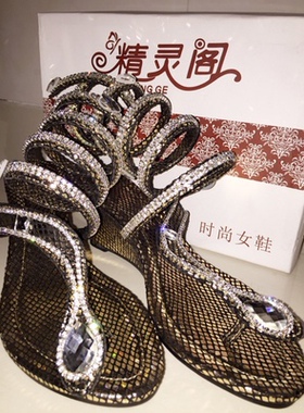 断码清仓 缠绕蛇形水钻凉鞋坡跟夹趾宝石绕脚性感绑带罗马女鞋