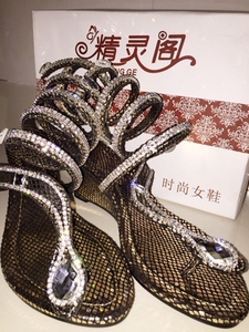 水钻夹脚坡跟缠绕断码清仓凉鞋