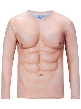 创意搞笑纹身肌肉衣服潮男t恤3D立体图案个性假腹肌胸肌肉长袖t恤