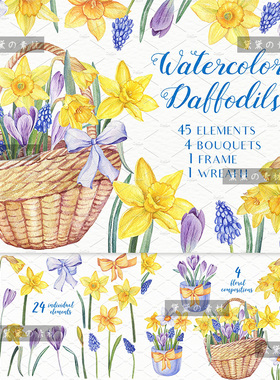PS水彩手绘花卉黄色水仙花风信子番红花PNG免扣图片设计装饰素材