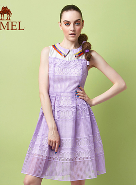 【非卖品】【清仓特惠】camel女装夏季粉紫色A字裙翻领无袖蕾丝