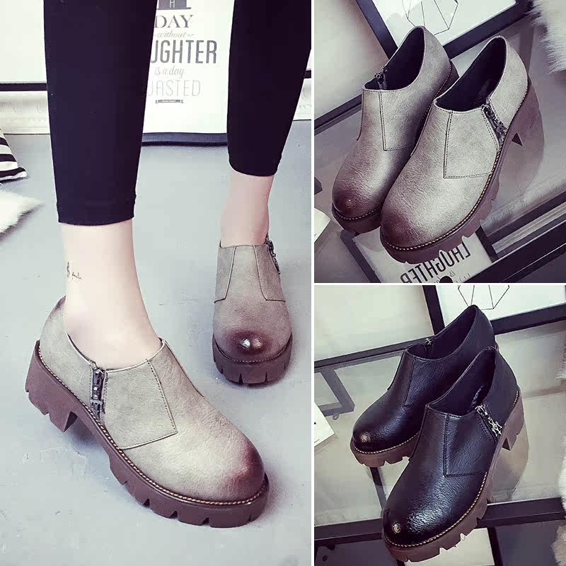 2016春季韩版粗跟厚底鞋英伦女鞋子复古高跟鞋侧拉链单鞋学生鞋潮