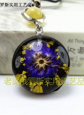 Z2水晶鲜花琥珀手机链圆形黑色底金黄花紫色雏菊愉快幸福纯洁