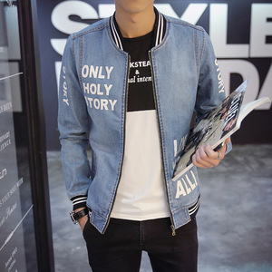 热卖2023春秋日系潮流牛仔夹克男牛仔上衣外套印花男装棒球服