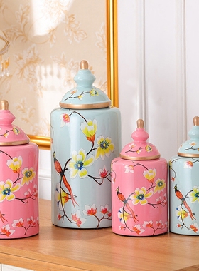 美式乡村风花鸟陶瓷罐软装工艺品