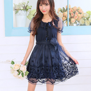 花炮大叔甜美印花网纱拼接公主裙 娃娃领高腰修身连衣裙