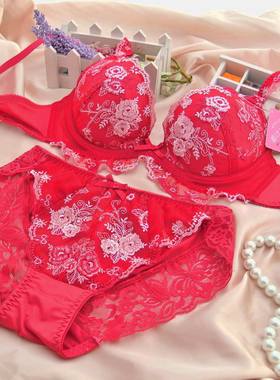 出口日本红色精美刺绣款荷叶边深V聚拢文胸套装70/75/80/85ABCD特