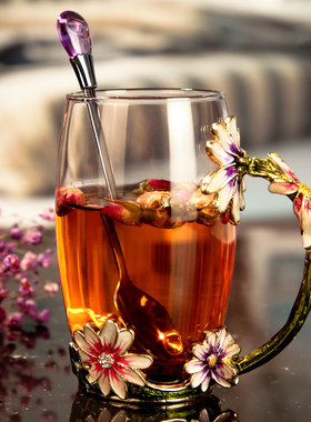 欧式透明玻璃杯子家用珐琅茶杯套装时尚简约耐热玻璃抖音礼物水杯