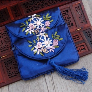 丝绸首饰袋 民族风手工绣花拉链流苏高档锦囊小布袋宝蓝色