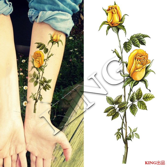 king纹身贴 防水女持久小清新 黄色花玫瑰 花臂 纹身贴纸